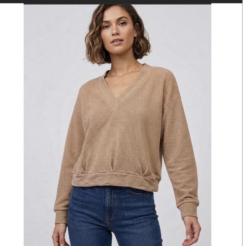 Stateside Rachel Chunky Ribbed V-Neck Raglan Long Sleeve Pullover Tan Brown- S